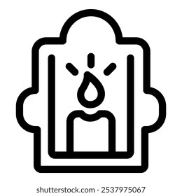 Black line vector illustration of a candle burning inside a decorative lantern, isolated on a white background