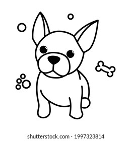 Dibujo de ilustraciones vectoriales en línea negra sobre el fondo blanco de un lindo Bulldog francés.	
