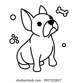 Black line vector illustration cartoon on a white background of a cute French Bulldog.	
