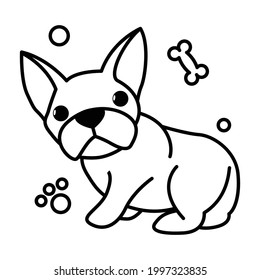 Dibujo de ilustraciones vectoriales en línea negra sobre el fondo blanco de un lindo Bulldog francés.	

