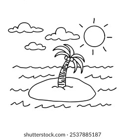 black line vector illustration of island in the middle of the sea suitable for coloring book, nature content, vacation