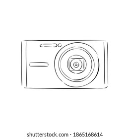 Black line vector illustration retro camera. Hand drawn ink vintage cameras with cute color. Sketch and cartoon style. Hand drawn.