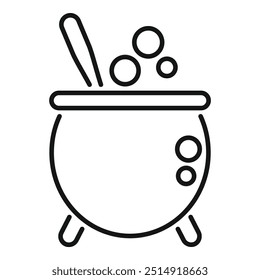 Black line vector illustration of a witch cauldron with a magic potion boiling inside and a spoon