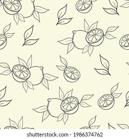 Black line vector lemon seamless pattern in light yellow background.