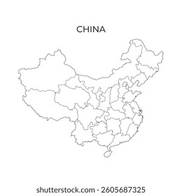 A black line vector map of China showing its administrative divisions, with the country name displayed above on a white background