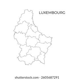 A black line vector map of Luxembourg showing its administrative divisions, with the country name displayed above on a white background