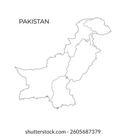 A black line vector map of Pakistan showing its administrative divisions, with the country name displayed above on a white background