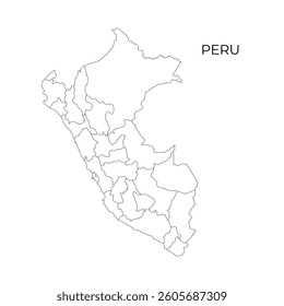 A black line vector map of Peru showing its administrative divisions, with the country name displayed above on a white background