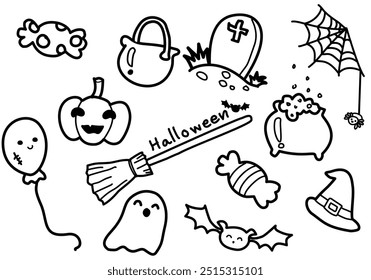 Black line vector on white background conveys Halloween. It is a cute cartoon style with handwritten letters that say Halloween, a festival event held every year on October 31st.