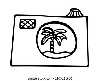 Black line vector photo camera with pictures with palm and sun. For coloring book and other design.