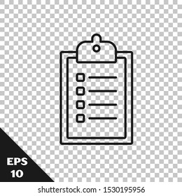 Black line Verification of delivery list clipboard icon isolated on transparent background.  Vector Illustration