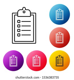 Black line Verification of delivery list clipboard icon isolated on white background. Set icons colorful circle buttons. Vector Illustration