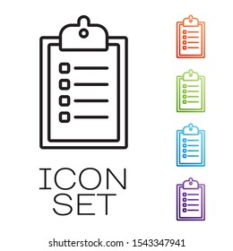 Black line Verification of delivery list clipboard icon isolated on white background. Set icons colorful. Vector Illustration