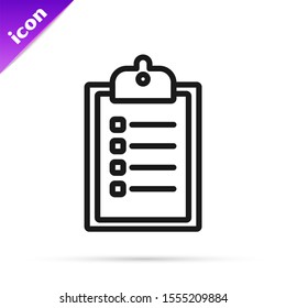 Black line Verification of delivery list clipboard icon isolated on white background.  Vector Illustration