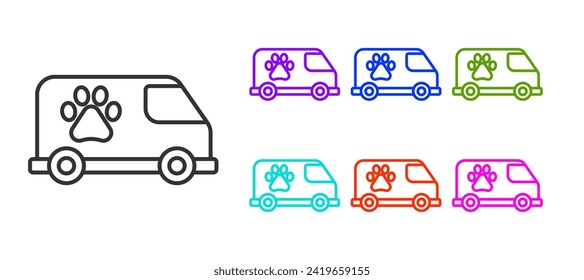 Schwarze Linie Veterinärmedizinischer Krankenwagen Symbol einzeln auf weißem Hintergrund. Veterinärkliniksymbol. Stellen Sie die Symbole bunt ein. Vektorgrafik