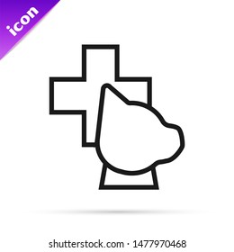 Black line Veterinary clinic symbol icon isolated on white background. Cross with dog veterinary care. Pet First Aid sign.  Vector Illustration