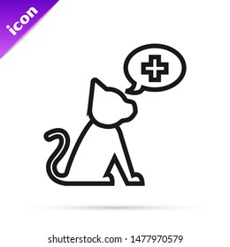 Black line Veterinary clinic symbol icon isolated on white background. Cross with cat veterinary care. Pet First Aid sign.  Vector Illustration