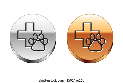 Black line Veterinary clinic symbol icon isolated on white background. Cross hospital sign. A stylized paw print dog or cat. Pet First Aid sign. Silver-gold circle button. Vector Illustration
