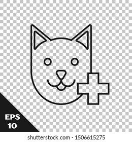 Black line Veterinary clinic symbol icon isolated on transparent background. Cross with cat veterinary care. Pet First Aid sign.  Vector Illustration