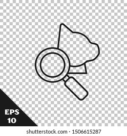 Black line Veterinary clinic symbol icon isolated on transparent background. Magnifying glass with cat veterinary care. Pet First Aid sign.  Vector Illustration