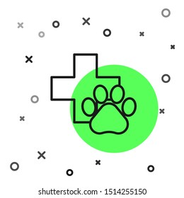 Black line Veterinary clinic symbol icon isolated on white background. Cross hospital sign. A stylized paw print dog or cat. Pet First Aid sign.  Vector Illustration