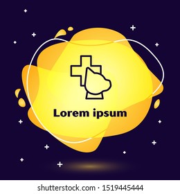 Black line Veterinary clinic symbol icon isolated on dark blue background. Cross with dog veterinary care. Pet First Aid sign. Abstract banner with liquid shapes. Vector Illustration