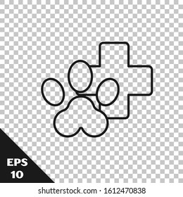 Black line Veterinary clinic symbol icon isolated on transparent background. Cross hospital sign. Stylized paw print dog or cat. Pet First Aid sign.  Vector Illustration