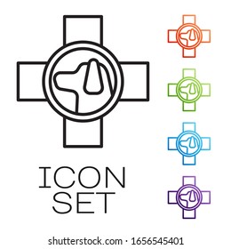Black line Veterinary clinic symbol icon isolated on white background. Cross with dog veterinary care. Pet First Aid sign. Set icons colorful. Vector Illustration