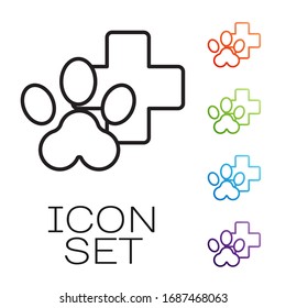 Black line Veterinary clinic symbol icon isolated on white background. Cross hospital sign. Stylized paw print dog or cat. Pet First Aid sign. Set icons colorful. Vector Illustration