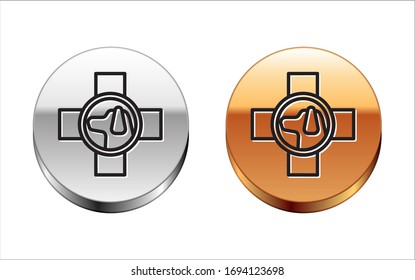 Black line Veterinary clinic symbol icon isolated on white background. Cross with dog veterinary care. Pet First Aid sign. Silver-gold circle button. Vector Illustration
