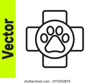 Black line Veterinary clinic symbol icon isolated on white background. Cross hospital sign. A stylized paw print dog or cat. Pet First Aid sign.  Vector