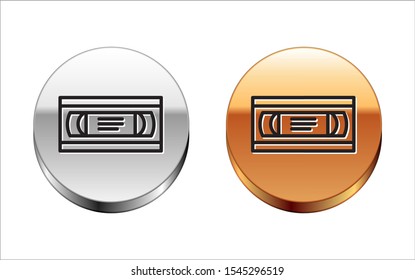 Black line VHS video cassette tape icon isolated on white background. Silver-gold circle button. Vector Illustration