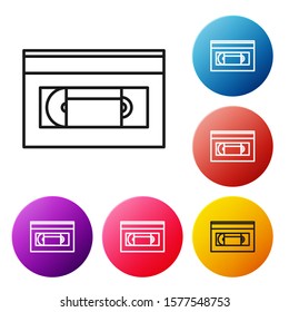 Black line VHS video cassette tape icon isolated on white background. Set icons colorful circle buttons. Vector Illustration