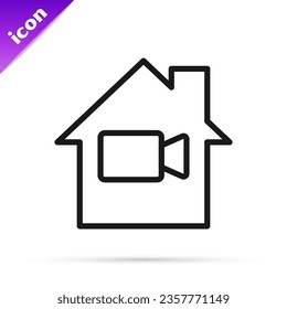 Black line Video camera Off in home icon isolated on white background. No video.  Vector