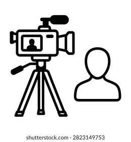 Black line video camera on tripod pointing at user icon. Represents broadcasting, recording, media production, and interview. Minimalist outline style for web and mobile design.