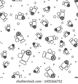 Black line Video camera with screwdriver and wrench icon isolated seamless pattern on white background. Adjusting, service, setting, maintenance, repair, fixing.  Vector Illustration