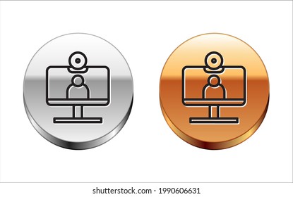 Black line Video chat conference icon isolated on white background. Computer with video chat interface active session on screen. Silver-gold circle button. Vector Illustration