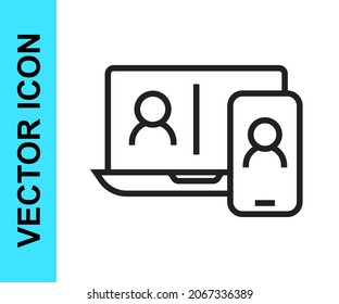 Black line Video chat conference icon isolated on white background. Online meeting work form home. Remote project management.  Vector
