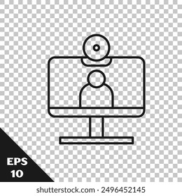Black line Video chat conference icon isolated on transparent background. Computer with video chat interface active session on screen.  Vector Illustration