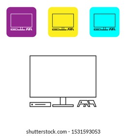 Black line Video game console icon isolated on white background. Game console with joystick and lcd television. Set icons colorful square buttons. Vector Illustration