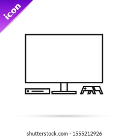 Black line Video game console icon isolated on white background. Game console with joystick and lcd television.  Vector Illustration