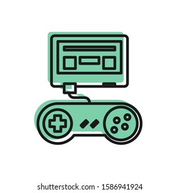 Black line Video game console with joystick icon isolated on white background.  Vector Illustration