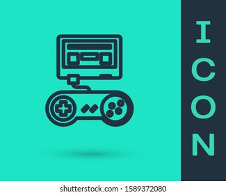 Black line Video game console with joystick icon isolated on green background.  Vector Illustration