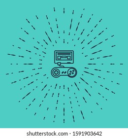Black line Video game console with joystick icon isolated on green background. Abstract circle random dots. Vector Illustration