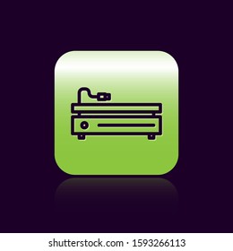 Black line Video game console icon isolated on black background. Green square button. Vector Illustration