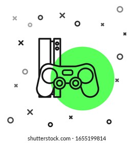 Black line Video game console with joystick icon isolated on white background.  Vector Illustration