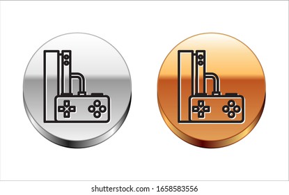 Black line Video game console with joystick icon isolated on white background. Silver-gold circle button. Vector Illustration