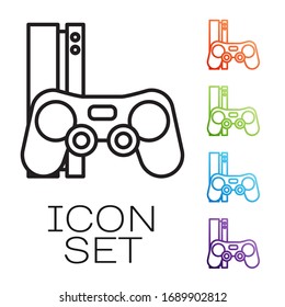 Black line Video game console with joystick icon isolated on white background. Set icons colorful. Vector Illustration