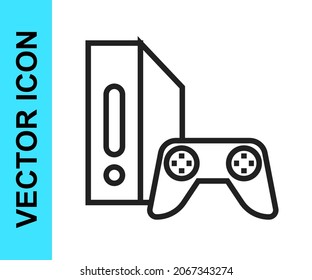 Black line Video game console with joystick icon isolated on white background.  Vector