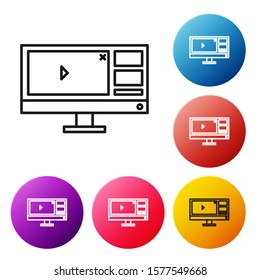 Black line Video recorder or editor software on computer monitor icon isolated on white background. Set icons colorful circle buttons. Vector Illustration
